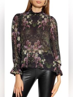 AllSaints Cora Ophelia Sheer Floral Pleated Mock Neck Ruffle Sleeve Tunic Blouse